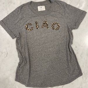 Anthropologie size large gray T-shirt with ciao lettering in leopard print